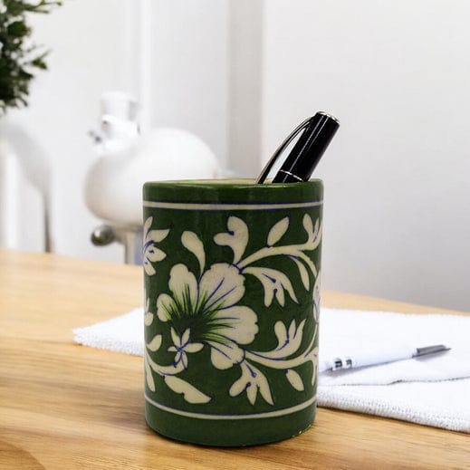 Blue Pottery Pen Holder - Green