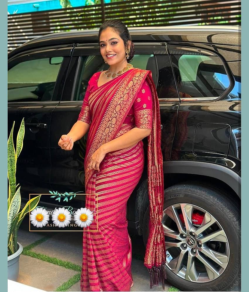 Aika Banarasi Silk Printed Saree With Unstitched Blouse Piece ( Pink )