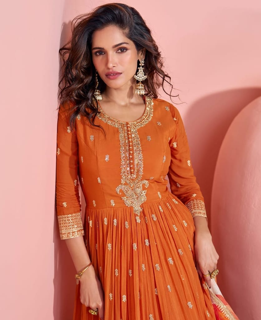 summer special orange chinon anarkali set for women