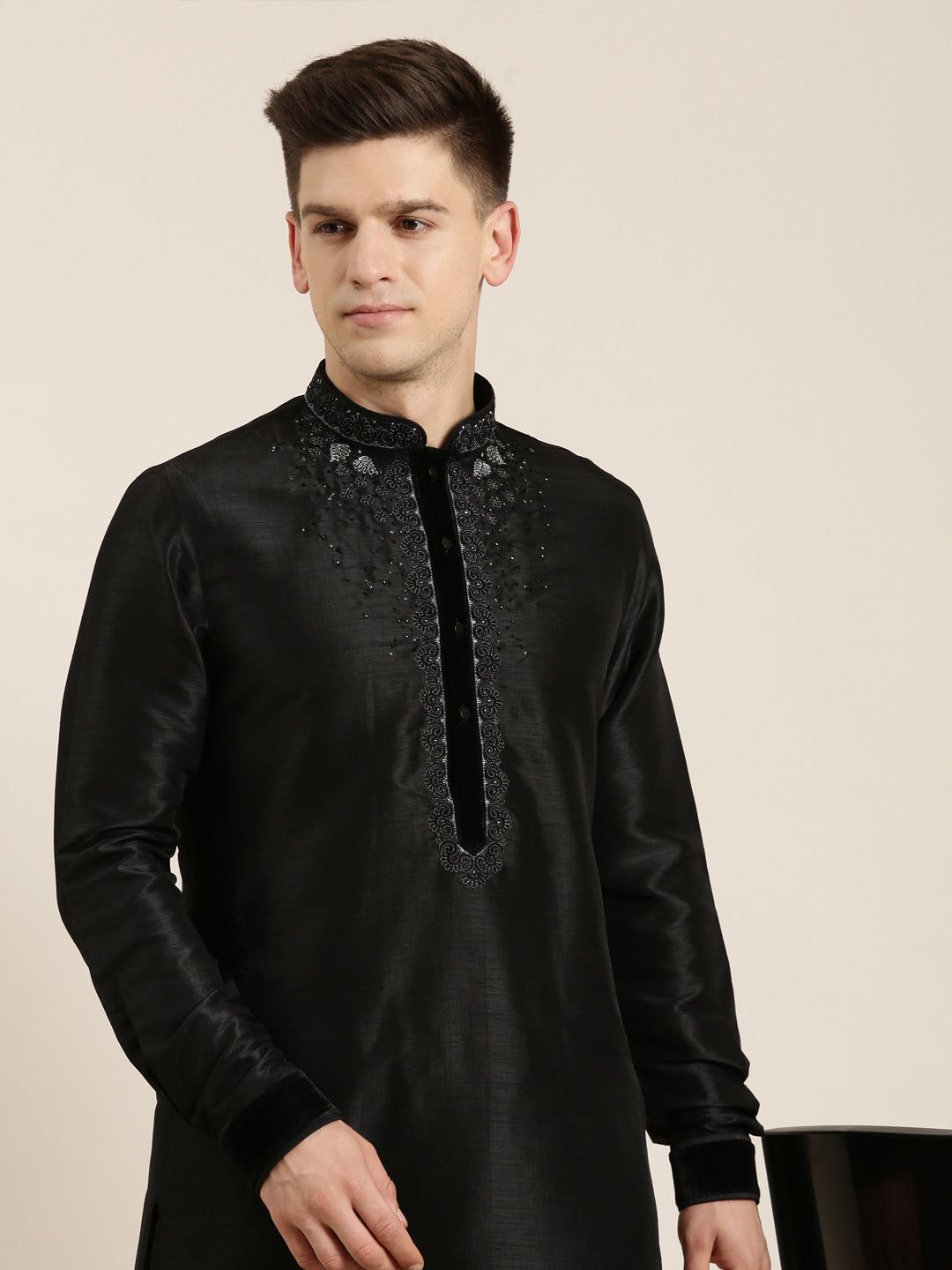 Black Art Silk Embroidered Kurta Set-Made To Measure / Only Kurta - No Lowers