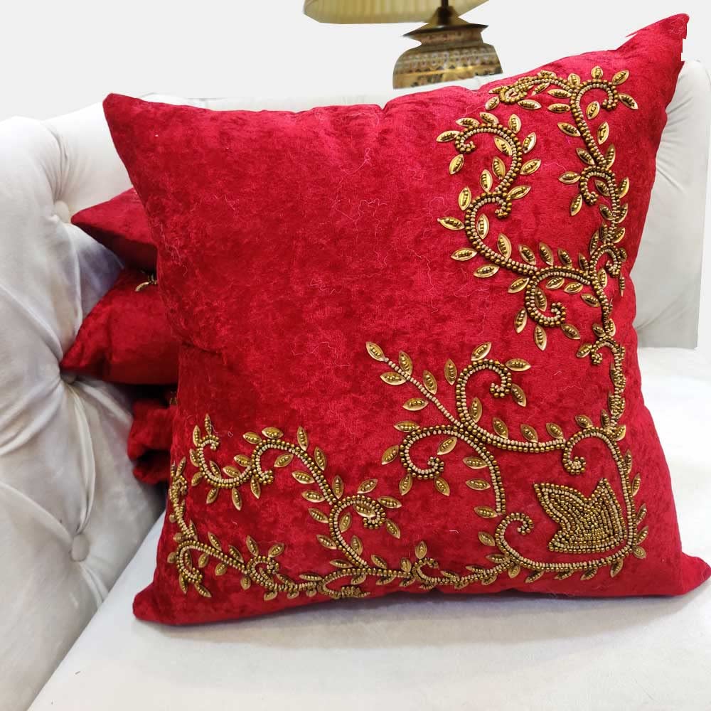 Suede Red/ Maroon Set of 5 Ethnic Beaded Embroidered Square Combo Cushion Covers for Sofa Home Bedroom (24x24 inch or 60 x 60 cm)