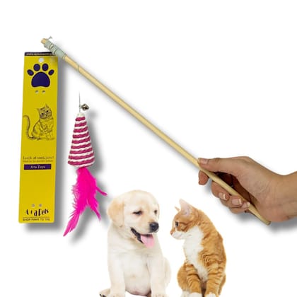 A+a Pets' Cat Wand Teaser Interactive Toy with Retractable Feather Cone Play Toy for Cats, Puppies, and Small Animals (Orange | Pink | Blue | Green)