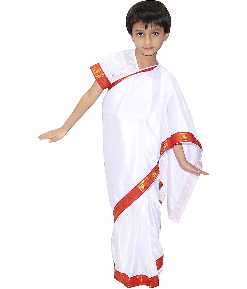 Kaku Fancy Dresses Indian State Bengali Dance White Saree Costume for Kids -White & Red, 7-8 Years, For Girls