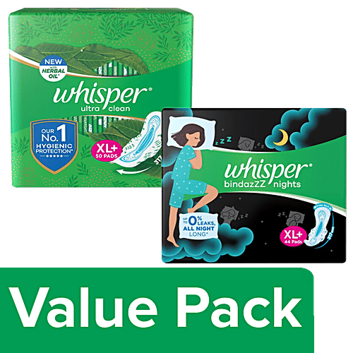 Whisper Bindazzz Nights Sanitary Pads XL+ 44pcs + Ultra Clean Sanitary Pads - XL+ 50pcs, Combo (2 Items)