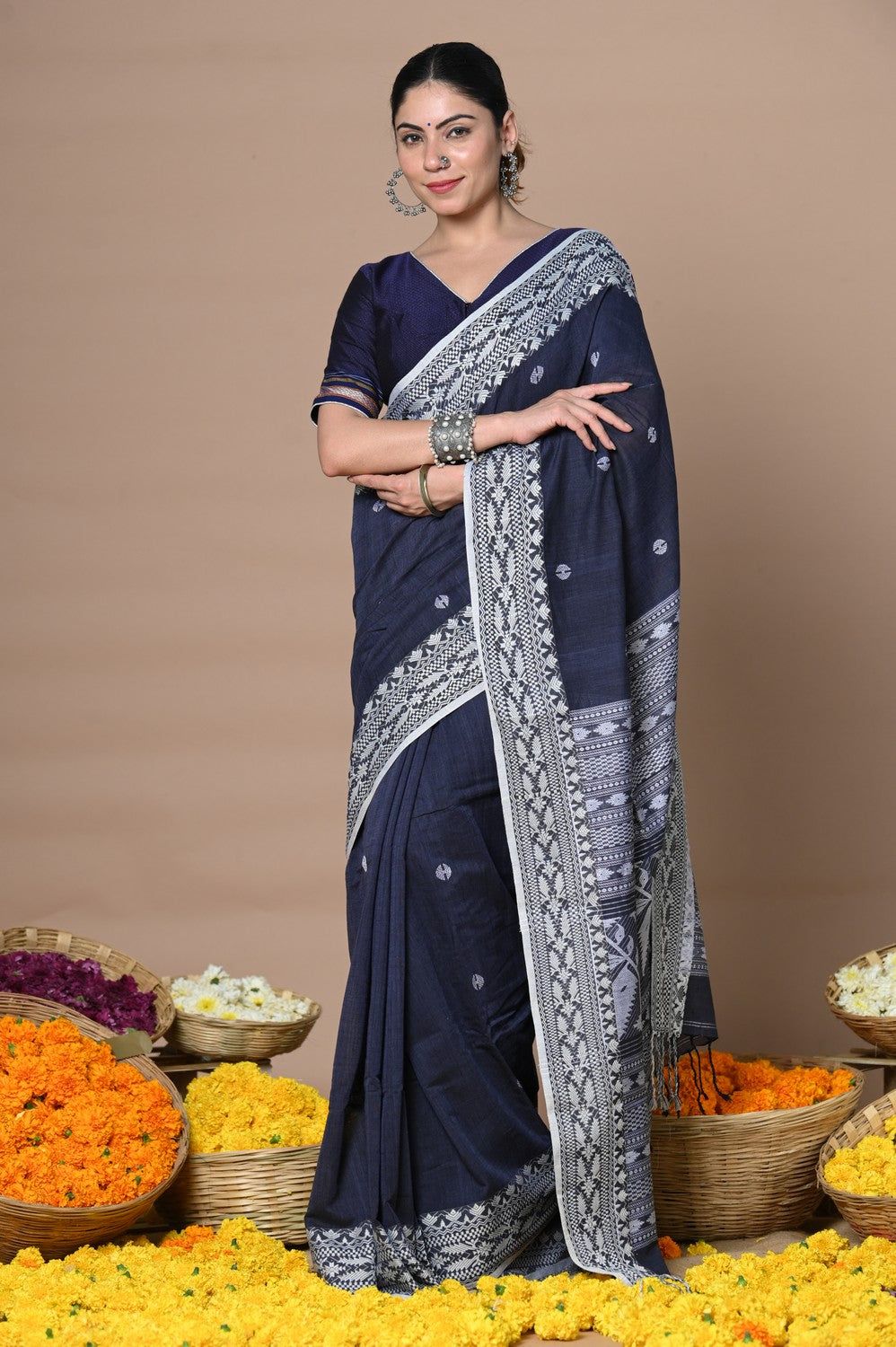Rajsi ~ Handloom Pure Cotton Saree with Hand-embroidered Symmetric Border~ Dark Blue