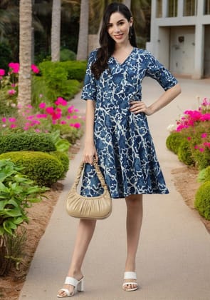 Indigo Hand Block Printed Short Dress-XXL