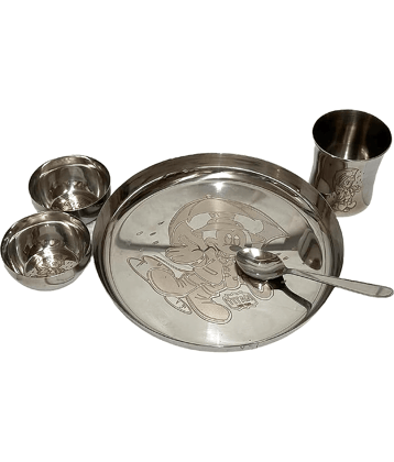 Dynore Lasered Dinner Set for Kids Silver Stainless Steel Dinner Set ( Pack of 5 )