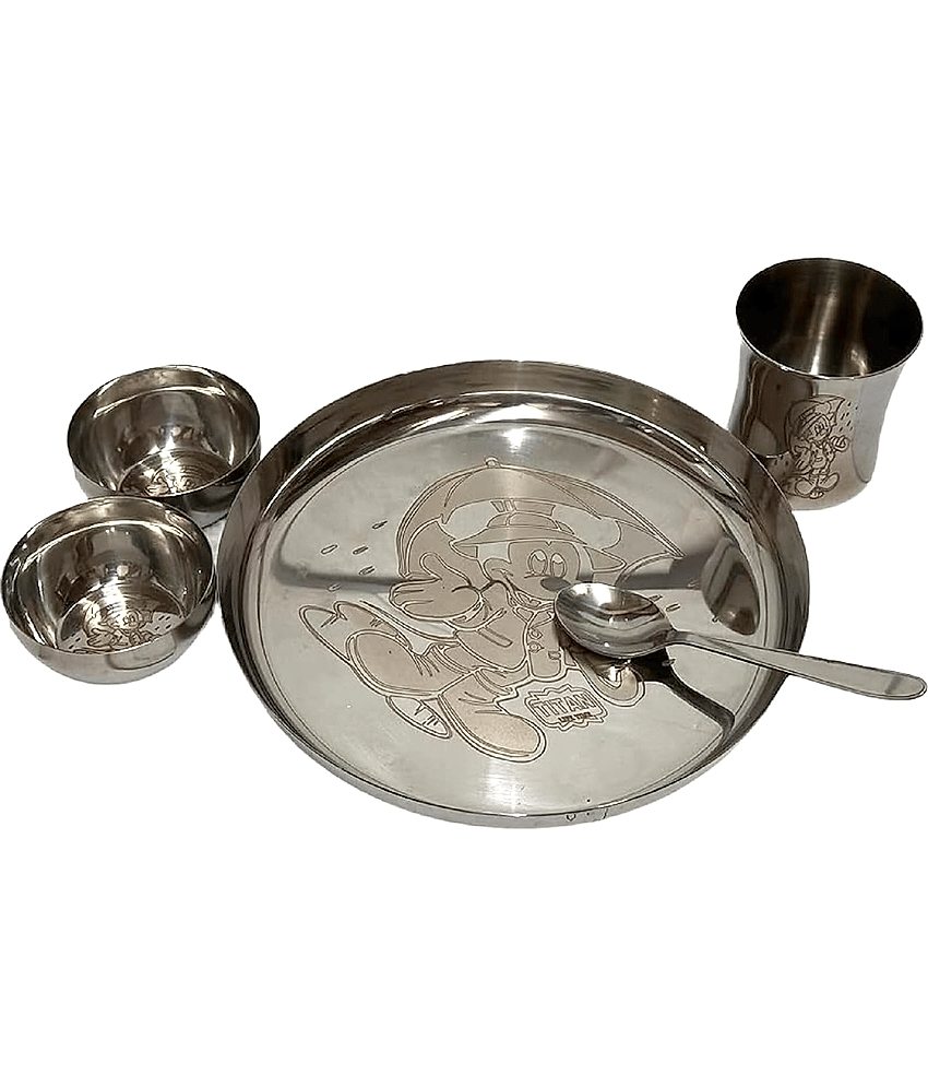 Dynore Lasered Dinner Set for Kids Silver Stainless Steel Dinner Set ( Pack of 5 )