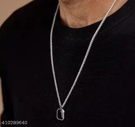 Black Square Shape Natural Stone Punk Pendant Locket Necklace With Silver Chain For Boy's & Men's Jewelery