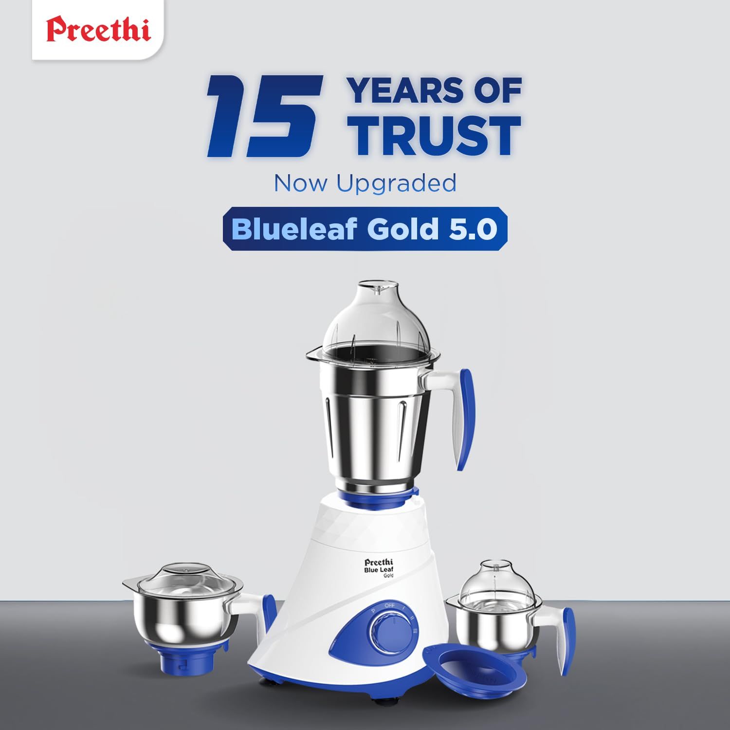 Preethi Blue Leaf Gold 5.0 Mixer grinder | 15 Years of Trust, Now with upgraded design | 750 watt, 3 jars, 4 capacities (Flexi Lid) | Lifelong Free Service Preethi Blue Leaf Gold 5.0 Mixer grinder | 15 Years of Trust, Now with upgraded design | 750 watt,