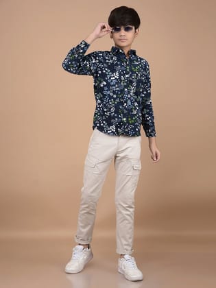 Navy Blue Floral Print 100% Cotton Shirt-7-8Y / Navy Blue
