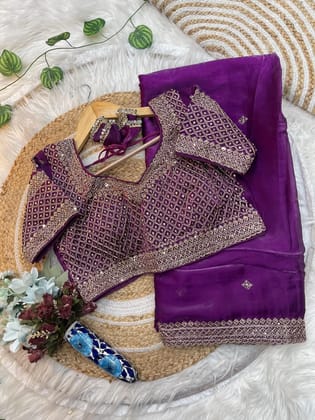 Pure soft zimmy choo silk saree with beautiful embroidery 3 mm sequence work heavy borders nd buttis in all over saree with aarcoPaired with Fully Stiched Full embroidery work heavy blouse on running fabrics Can be upto 42 "