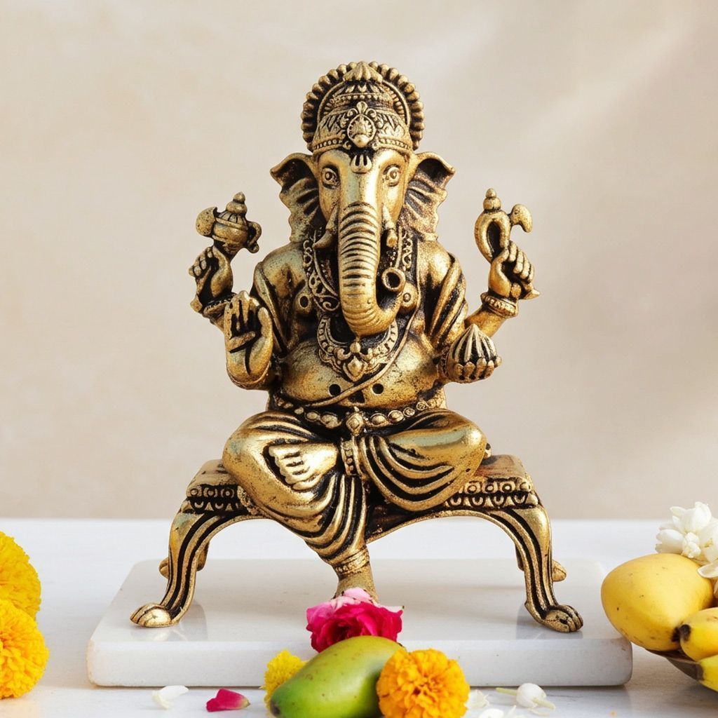 Brass Showpiece Ganesh On Chowki God Idol Statue, Made From Machine (BSMAS1699 G)
