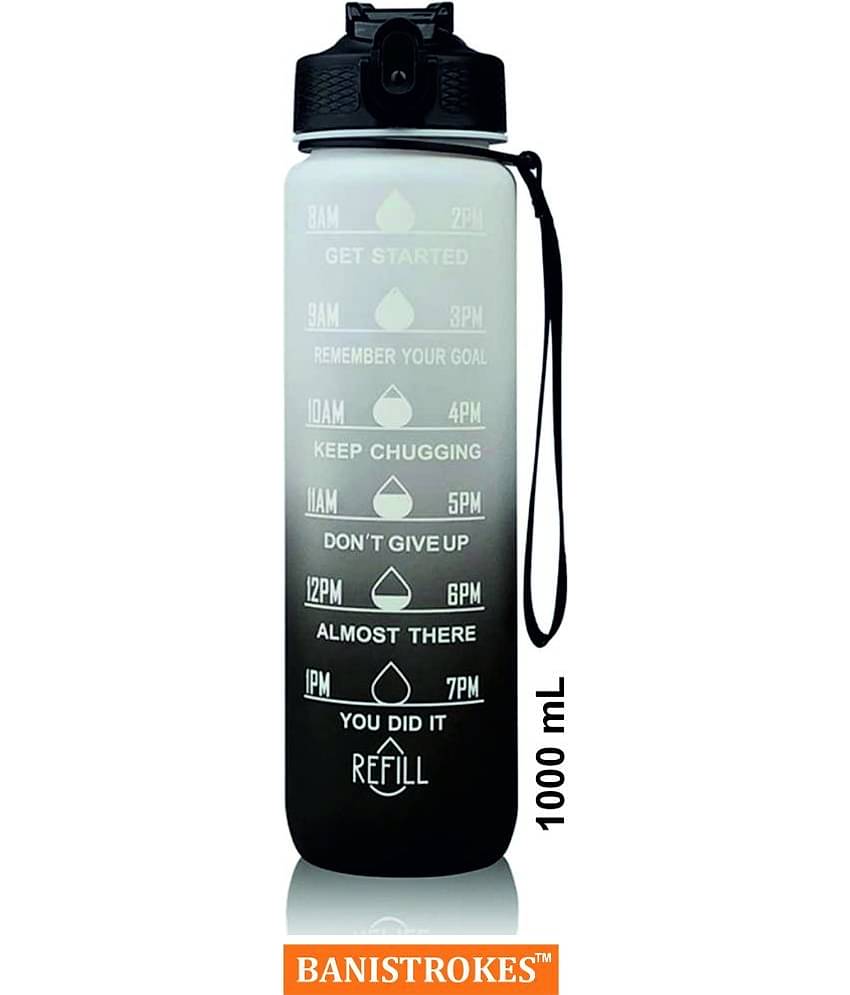 Motivational Time Marker Water Bottle 1 litre Leakproof Durable Non-Toxic Drinking Water Bottle for Office Gym Fitness Sports Sipper Water Bottle (Black & White), Plastic