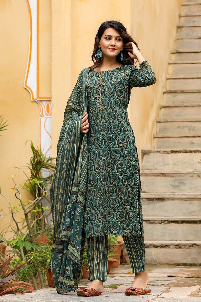 Green Cotton Blend Ethnic Motifs Suit Set VKSKD1171