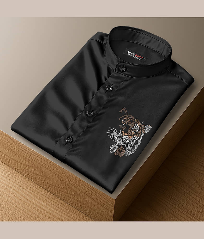 MAN'S SUITUP Satin Regular Fit Printed Full Sleeves Men's Casual Shirt - Black ( Pack of 1 )