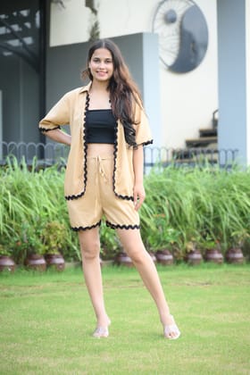 Beige Ric Rac Shirt and Shorts (2 piece) Coord Set-S