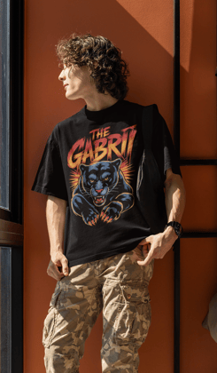 Gabriee- kerala Round Neck Drop Shoulder Graphic Printed Oversized Cotton T-shirt-S / Black