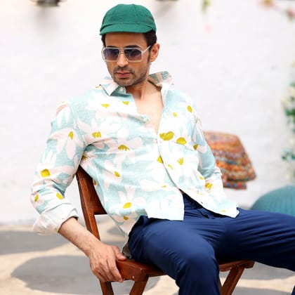 Lily Flower Light Turquoise Casual Pure Linen Full Shirt (Size - S) by BLUE EAGLE Lily Flower Light Turquoise Casual Pure Linen Full Shirt (Size - S) by BLUE EAGLE