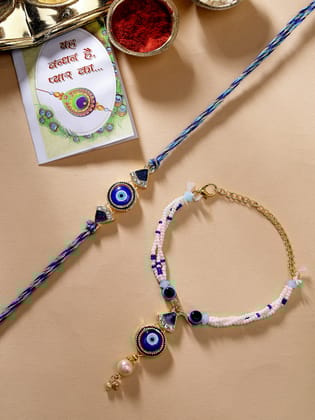 NVR Unisex Set of 2 Blue Evil Eye Bhaiya Bhabhi Rakhi With Roli Chawal-Freesize / Blue / Brass