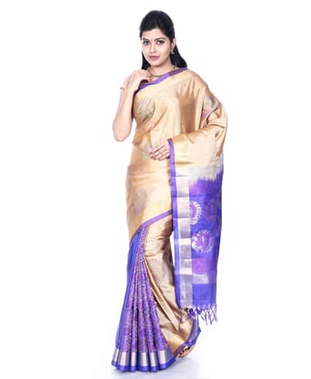 Cream-Blue Patli Pallu Saree - Kanchipuram Silk Saree | Patli Saree