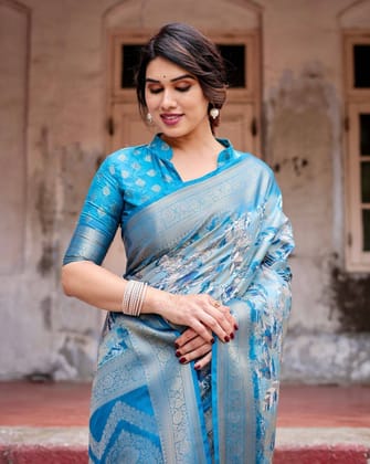 Aqua Blue Banarasi Silk Saree with Zari Border, Floral Motifs, and Tassels-Regular