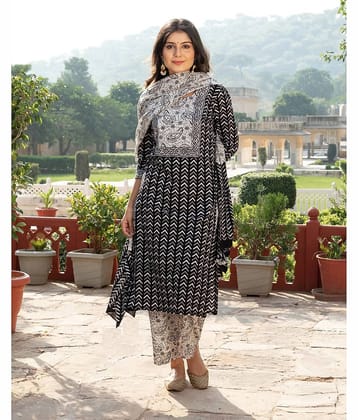 Royal Export Cotton Blend Printed Kurti With Pants Women's Stitched Salwar Suit - Black ( Pack of 1 )