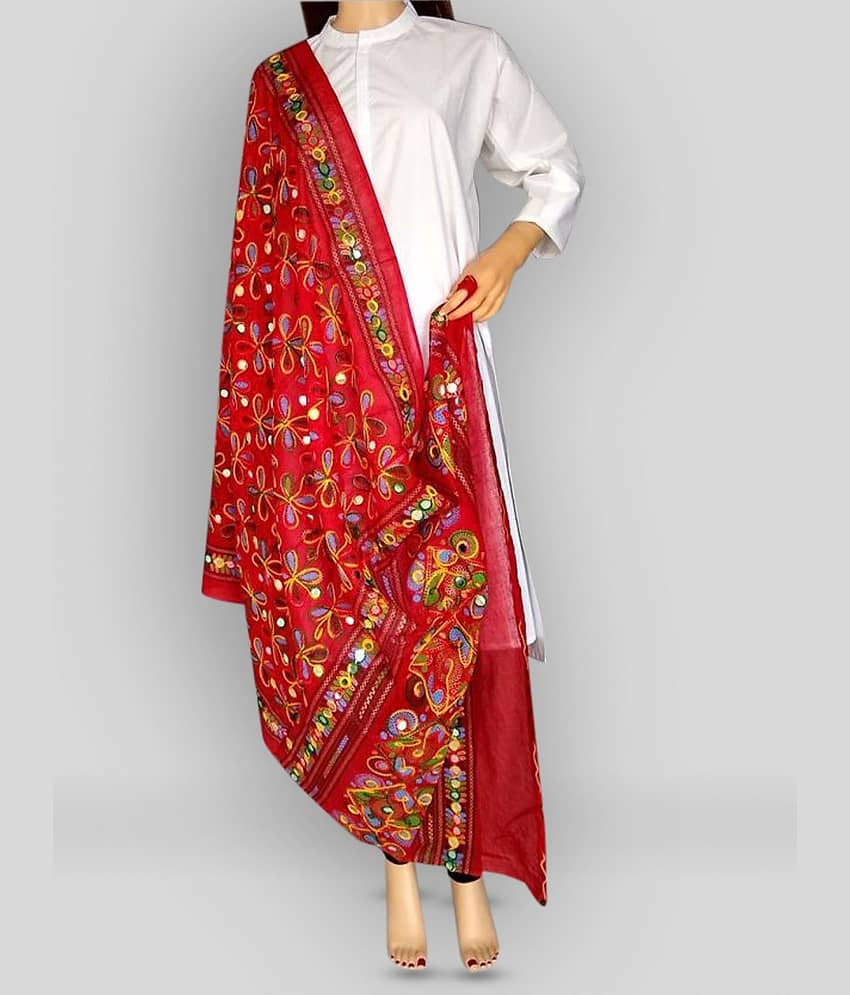 Apratim Red Cotton Phulkari Dupatta - Single
