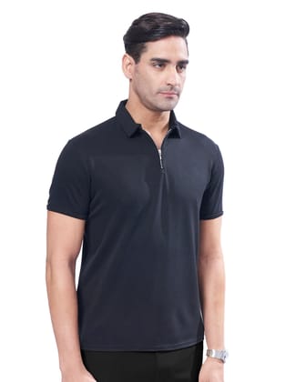 Suede Zipper Polo-Pitch Black / M