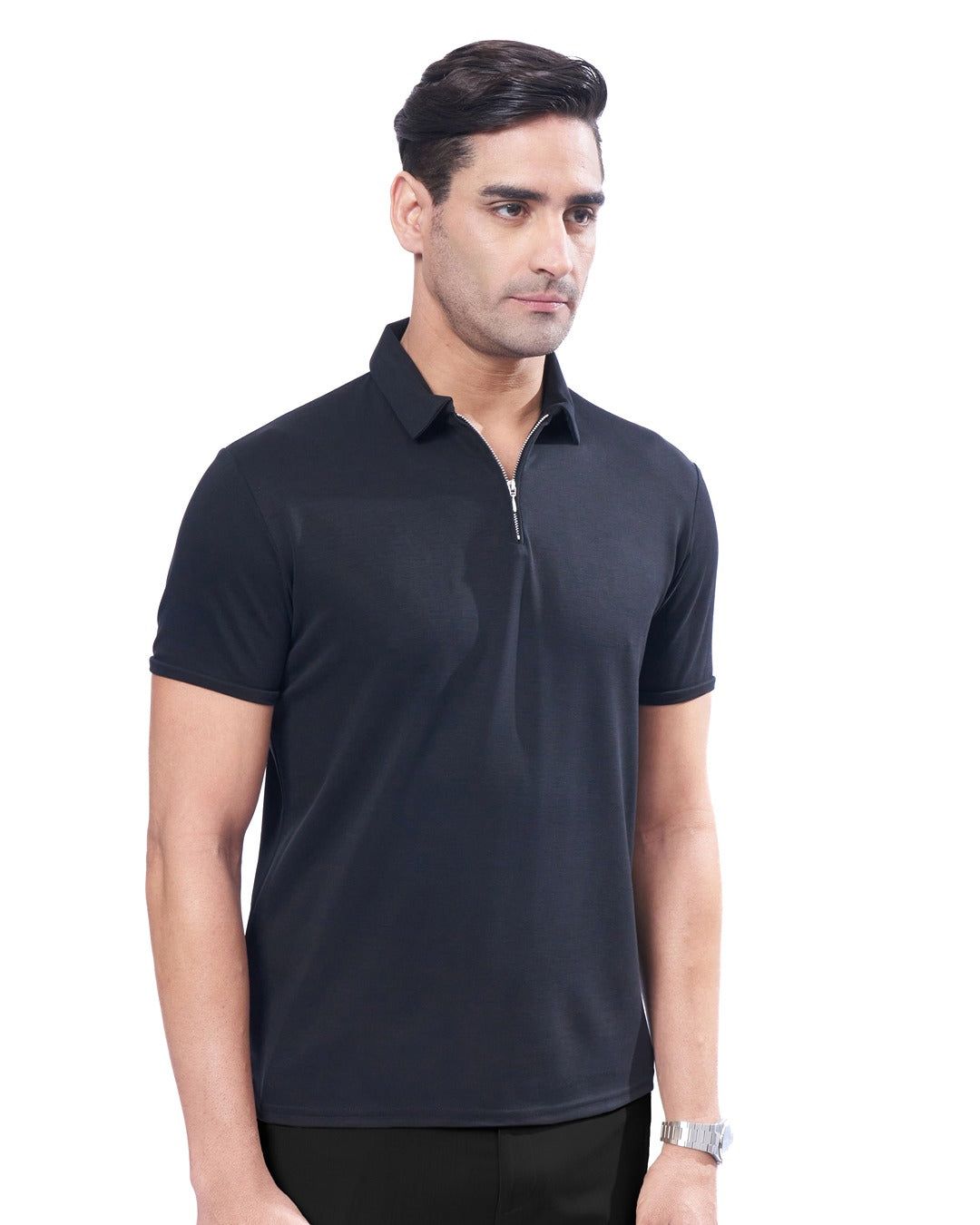 Suede Zipper Polo-Pitch Black / M