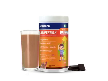 Gritzo SuperMilk Growth+(7-12y Boys), 10g Protein Powder (Double Chocolate, 400g) | Zero Refined Sugar, 20 Vitamins & Minerals