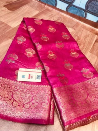 Silkmark Certified Banarasi Muga Tussar Raspberry Pink Saree