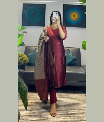 Trijal Fab Women Silk Blend Self Design Straight Kurti With Pants ( Maroon )