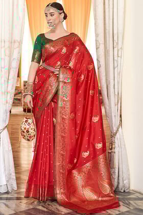 Chili Red Zari Woven Banarasi Silk Saree