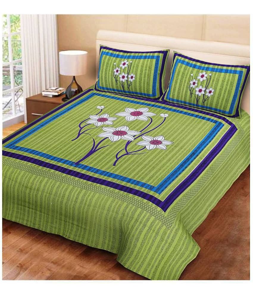 Uniqchoice - Green Cotton Double Bedsheet with 2 Pillow Covers