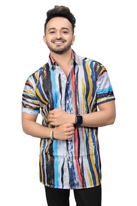 "Chromatic Harmony: Rainbow Stripe Print Half Sleeve Shirt by GlamaStitch"-S