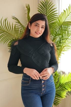 Uno Black Frill Knitted Top-One Size