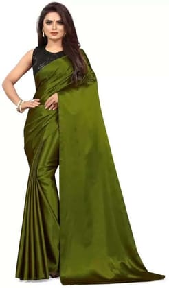 ANSH Womens Satin Solid Saree length (5.5m) & Blouse Piece Size (0.8m) (Green)
