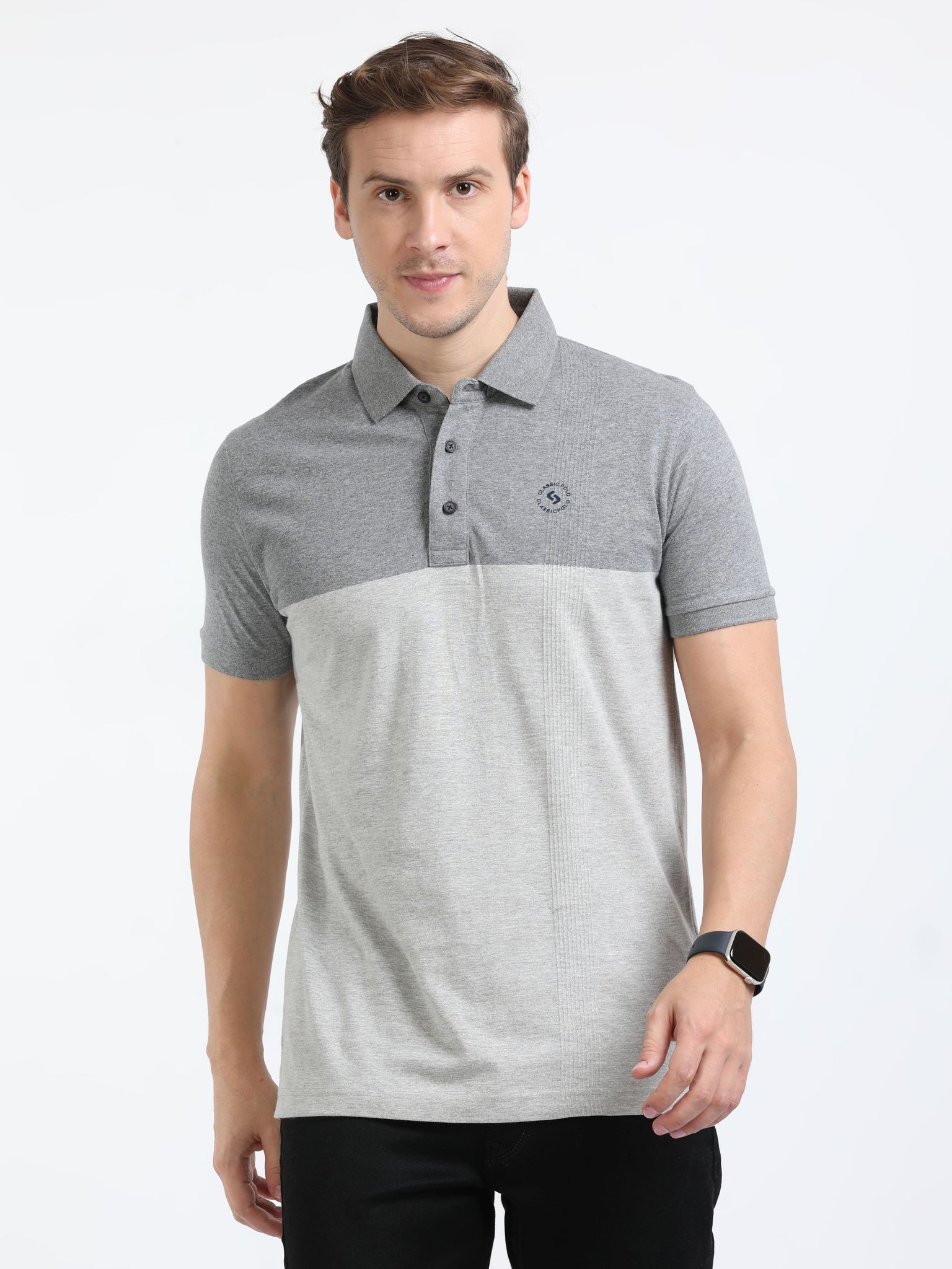 Classic Polo Mens Cotton Half Sleeves Color Blocked Slim Fit Polo Neck Grey Color T-Shirt | Prm - 775 B Sf P