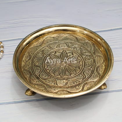 Brass Round Thali Chowki - 7.5 Inch Length Brass Round Thali Chowki - 7.5 Inch Length