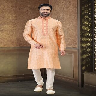 Raivat Ethnic Peach Colour Jacquard Banarasi Silk Thread Work Kurta Pajama 2025 Raivat Ethnic Peach Colour Jacquard Banarasi Silk Thread Work Kurta Pajama 2025