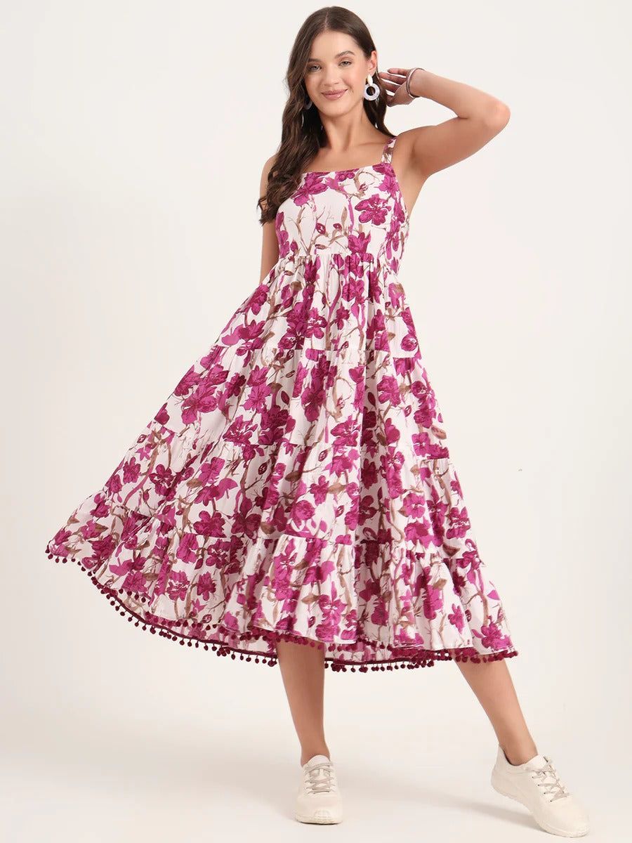 Purple Printed Cotton Shoulder Strap Pompom Dress-XS