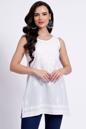 The Chikankari Story: White Sleeveless Chikankari Top and Tunic with Hand Embroidery – Lakhnavi Bakhiya and Thread Work-S