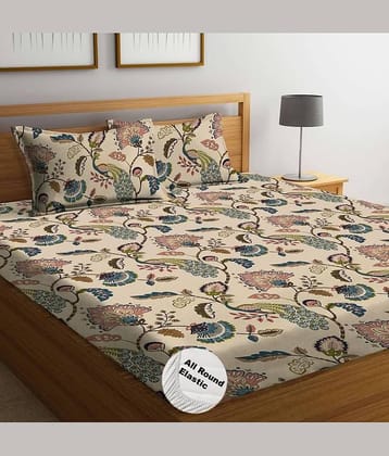 YKNIP Cotton Floral Printed Fitted 1 Bedsheet with 2 Pillow Covers ( King Size ) - Beige