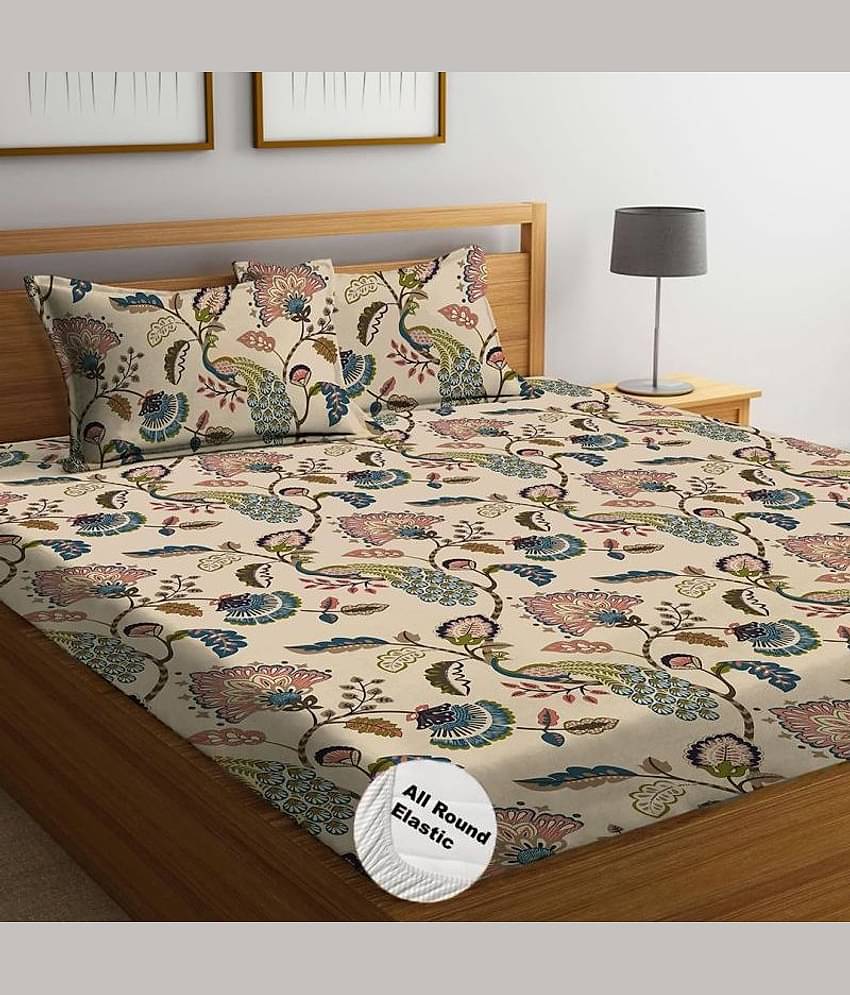 YKNIP Cotton Floral Printed Fitted 1 Bedsheet with 2 Pillow Covers ( King Size ) - Beige