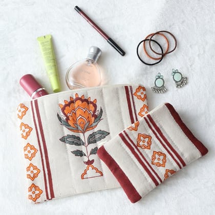 Block Printed Quilted Multipurpose Pouch Set of 2 Orange and Maroon