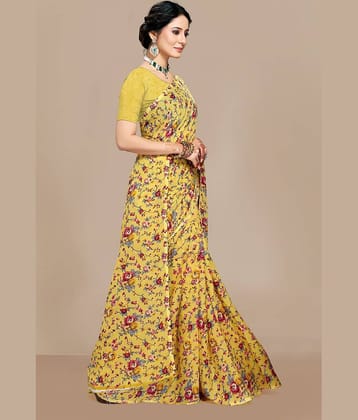 Kanooda Prints Georgette Printed Saree With Unstitched Blouse Piece ( Yellow )