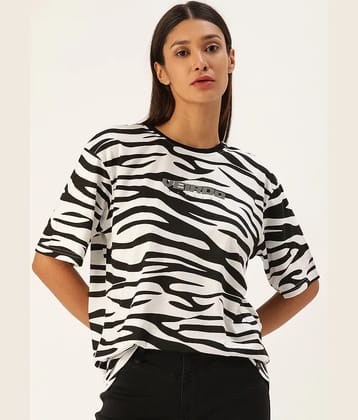 JUNEBERRY Women Cotton Printed Oversized Fit Round Neck T-Shirt ( White )