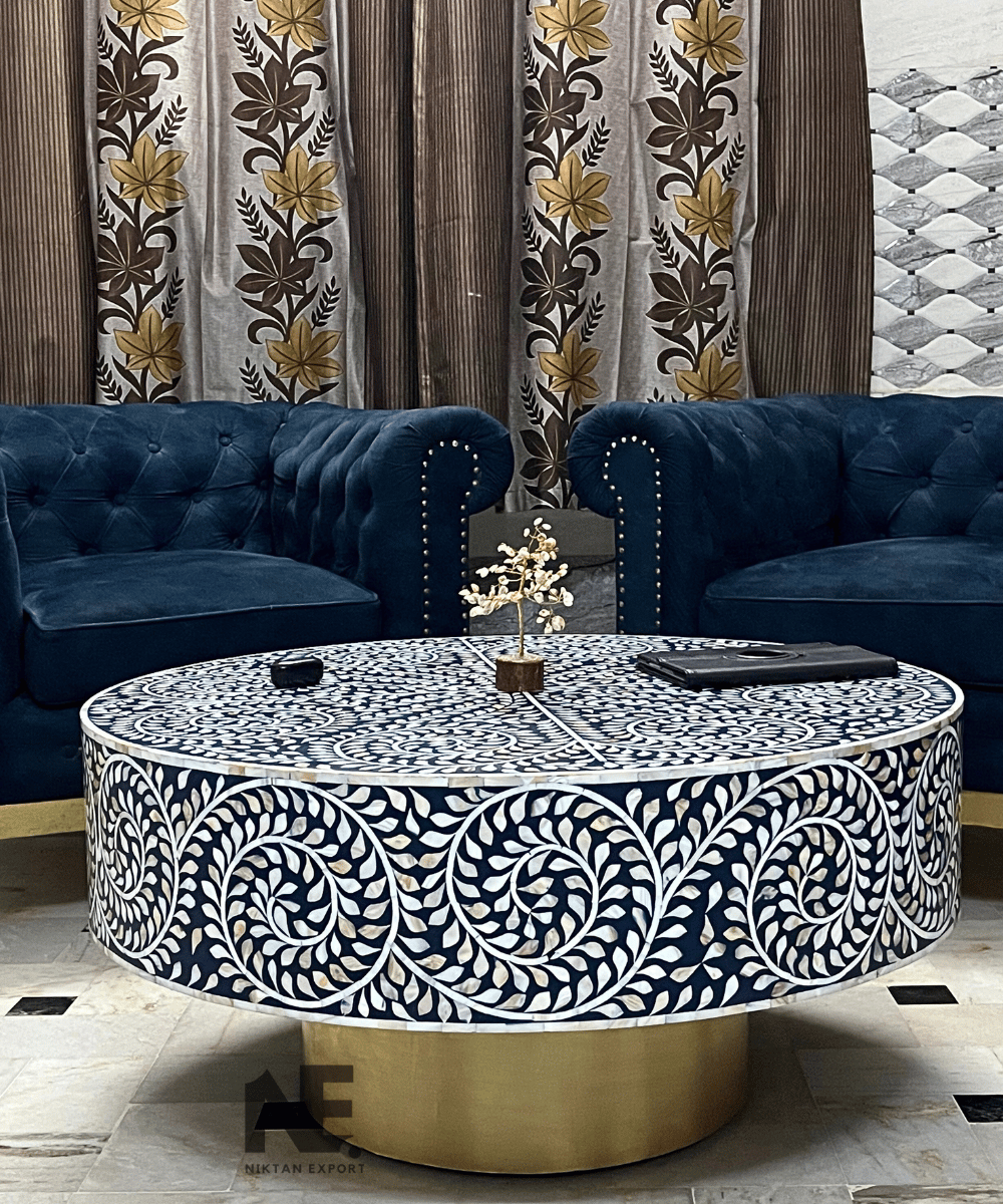 Oceanic Bliss Mother of Pearl Coffee Table – Handcrafted Round Inlay Center Table by Niktan (90x90x45 cm)