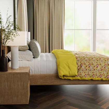 Block Printed Single Bed Cotton Duvet/Rajai Cover - 60x90-60 inches x 90 inches / Cotton / Yellow Floral